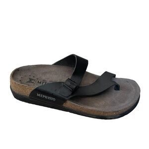 MEPHISTO Helen Slip-On Black Leather Thong Sandals  Cork Footbed Black 37